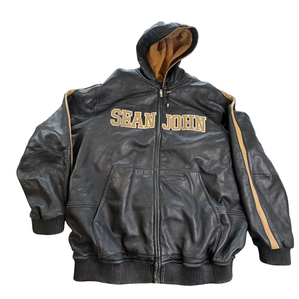Sean John Jacket Mens XL Black Leather Hooded Varsity Full Zip Fleece Lined Logo